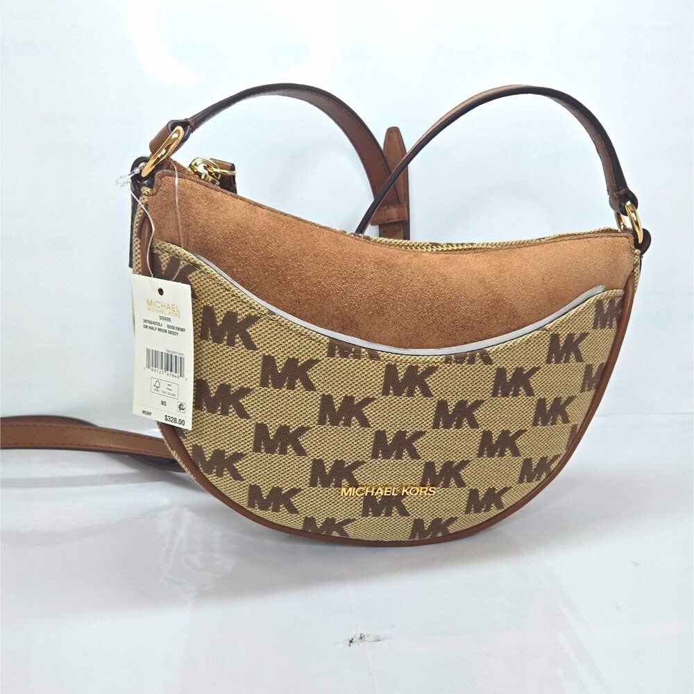 Michael Kors Dover Brown Beige Small Half Moon Crossbody Bag NWT